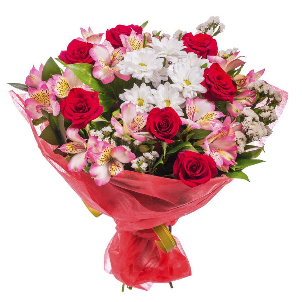 Купить цветы недорого cvbaza. Букет розы хризантемы альстромерии.